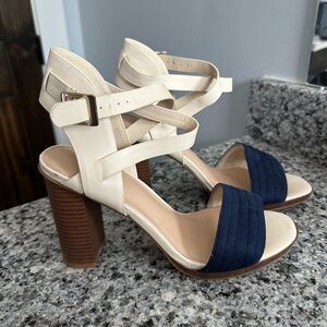 Cato Cream and Blue Sandals with Low Block Heel